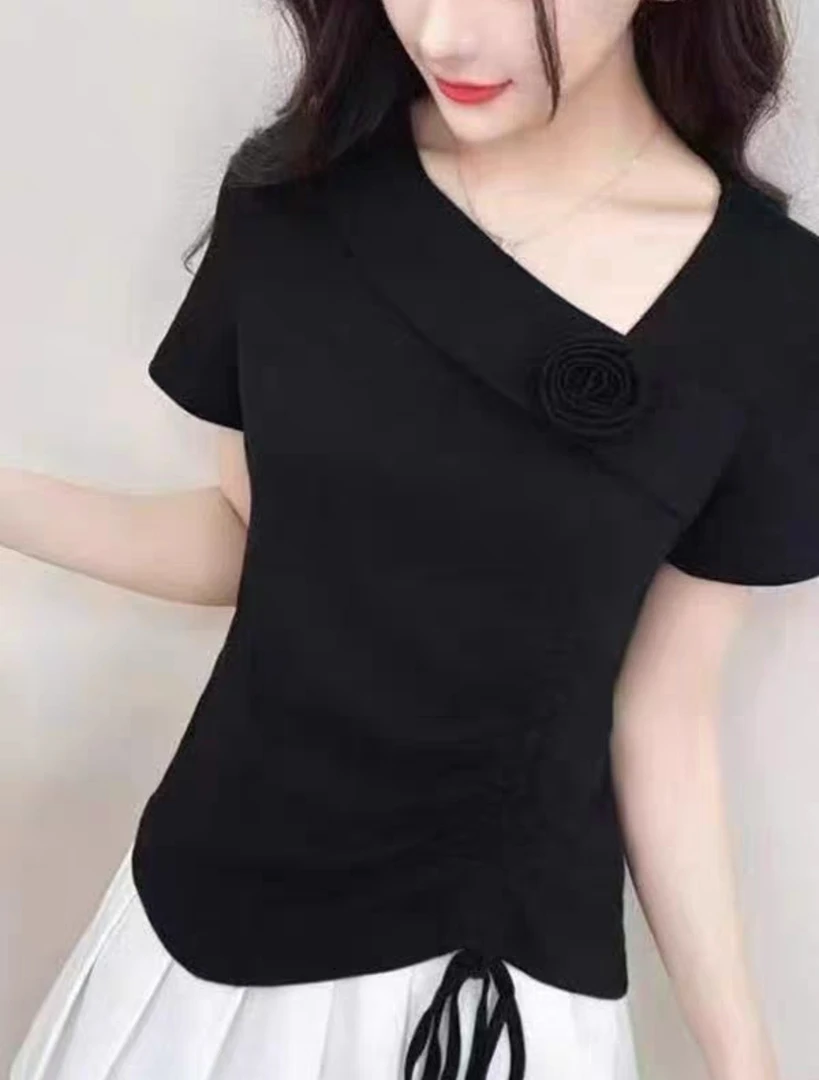 23玫瑰花斜领短袖抽绳修身夏季女装小众百搭短款
