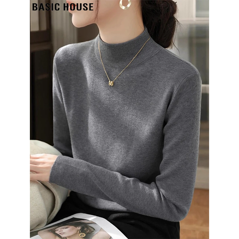Basic House/百家好灰色加绒加厚半高领打底针织衫女秋冬内搭毛衣