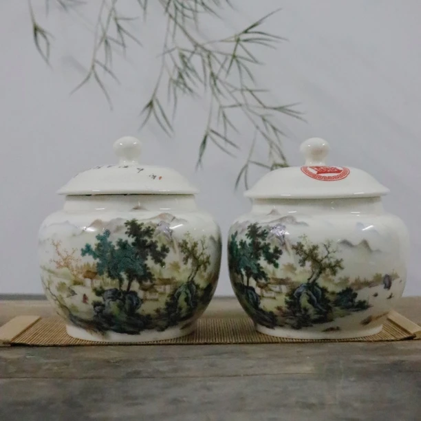 山景造物-湖畔渔家图山水茶叶罐密封罐储物罐a106