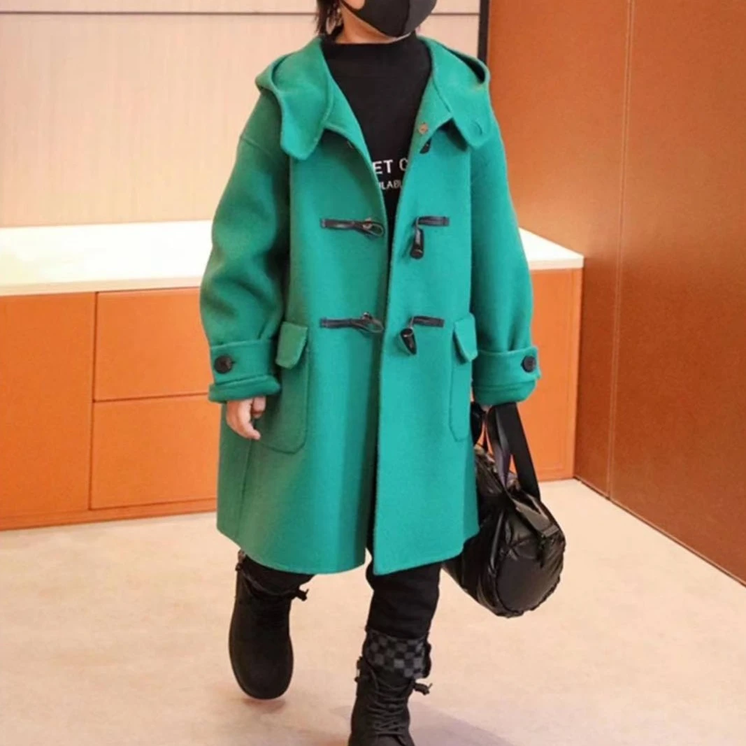 绿色新款儿童中大童童装双面绵羊毛大衣学院风韩版洋气中长款