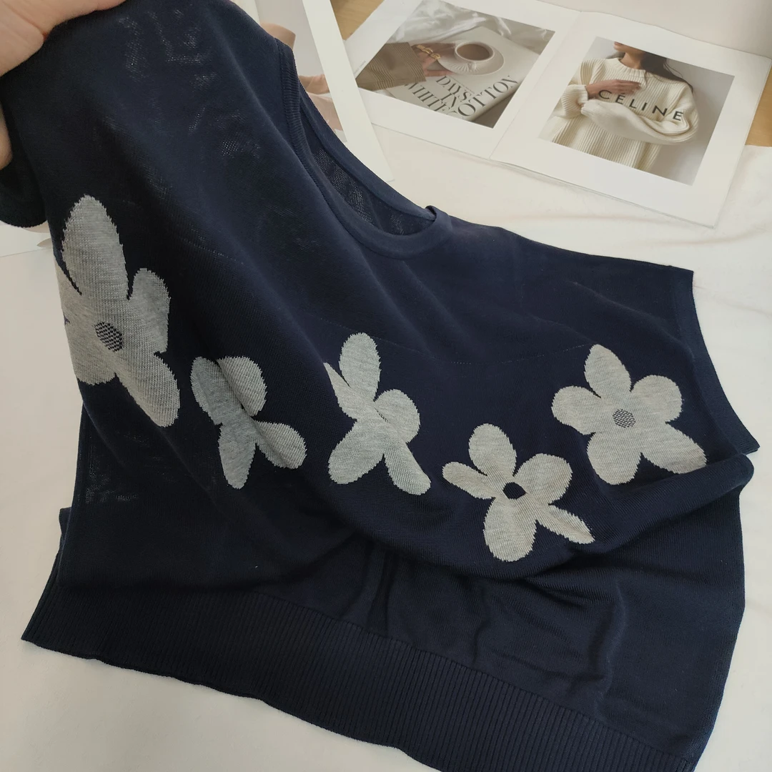 【例畔精选】夏季新款时尚百搭圆领花朵图案气质显瘦针织衫A152#