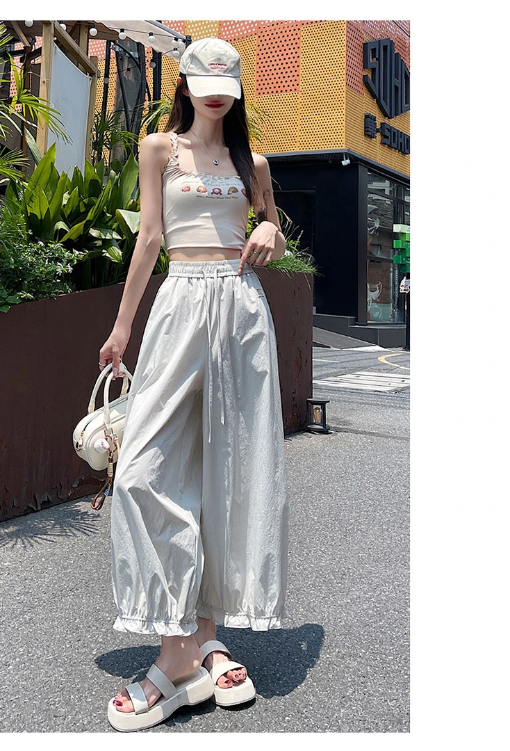 夏季爆款气质休闲抽绳灯笼裤女高腰阔腿裤小个子显高木耳边九分裤