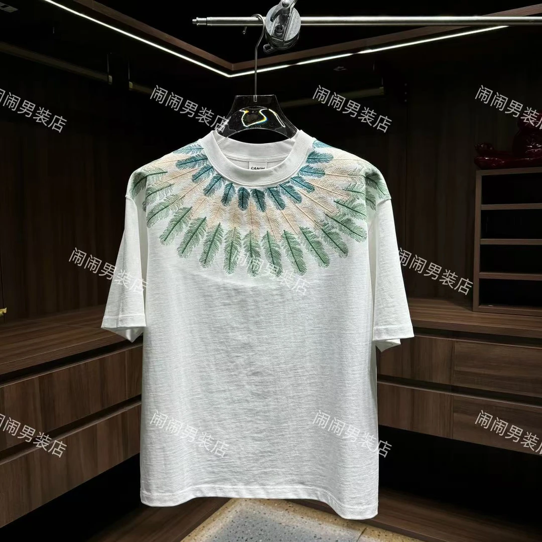 8887夏季新款高街美式潮流重磅羽毛刺绣设计情侣百搭圆领T恤短袖