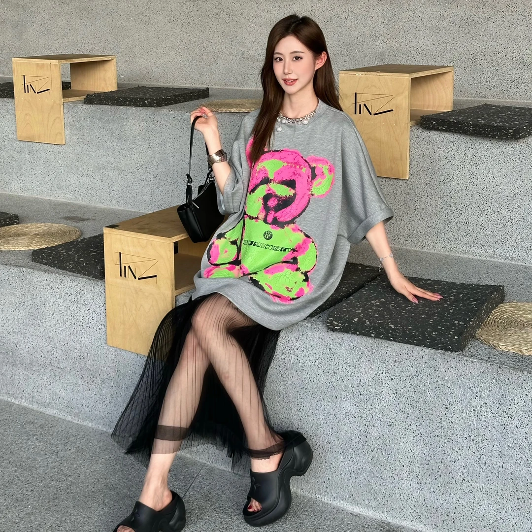 SUNINSKY2025美式复古卡通印花显瘦遮肚短袖t恤女S2506081