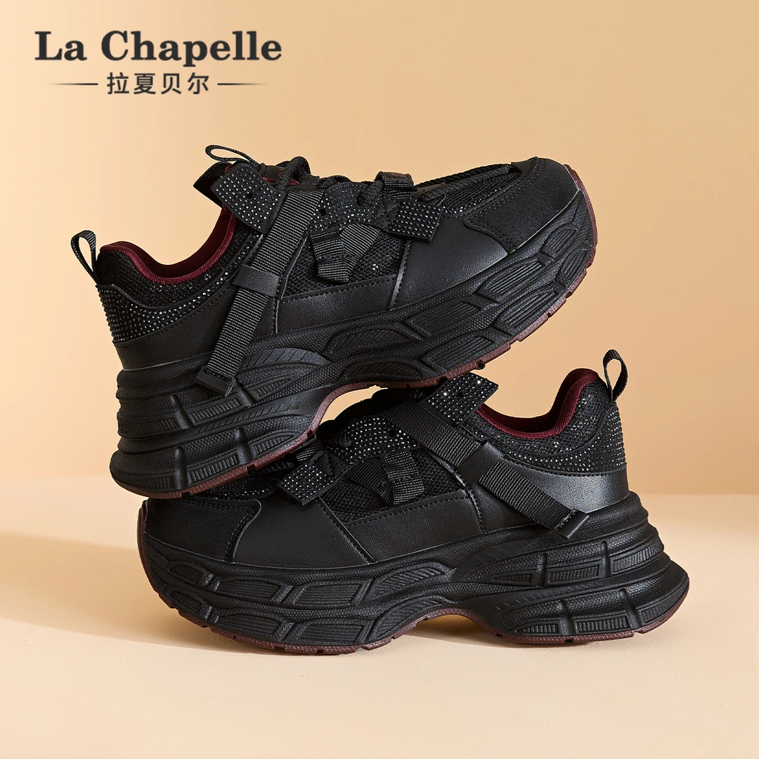 拉夏贝尔黑色老爹鞋女2025年春季新款透气百搭时尚厚底休闲运动鞋
