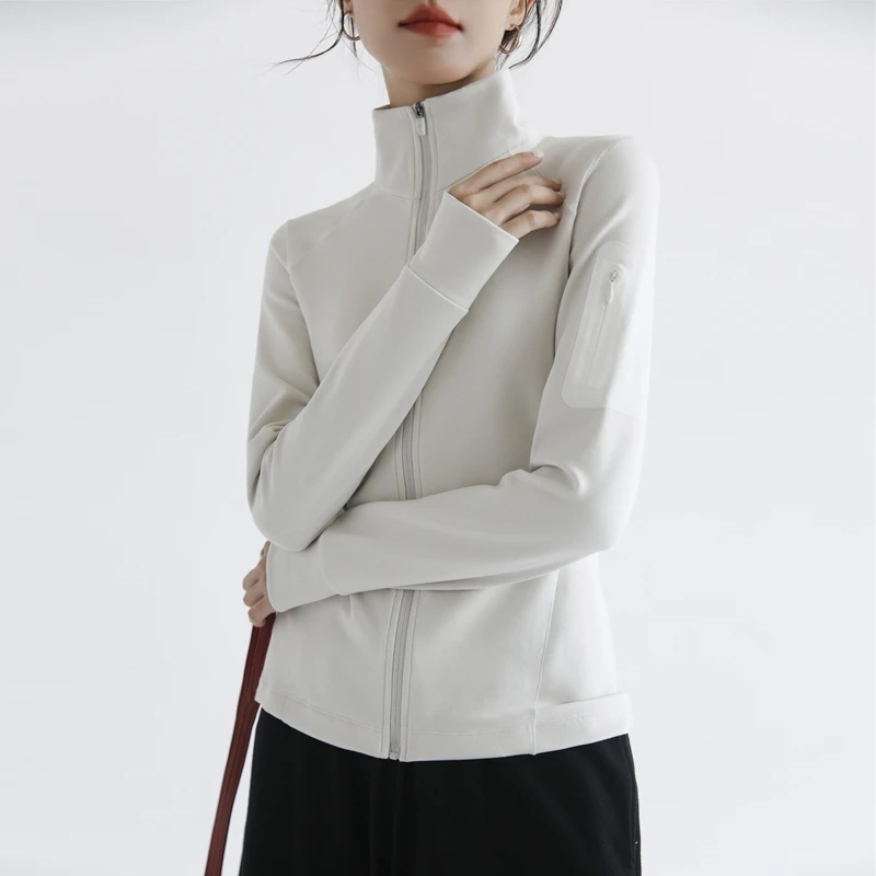 自发热加厚立领卫衣女秋冬斜肩明线口袋修身休闲运动拉链开衫外套