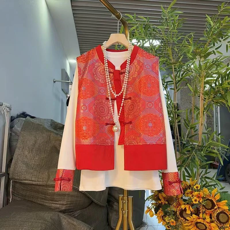 新中式国风马甲2025新款春秋气质唐装盘扣马夹百搭长袖t恤两件套