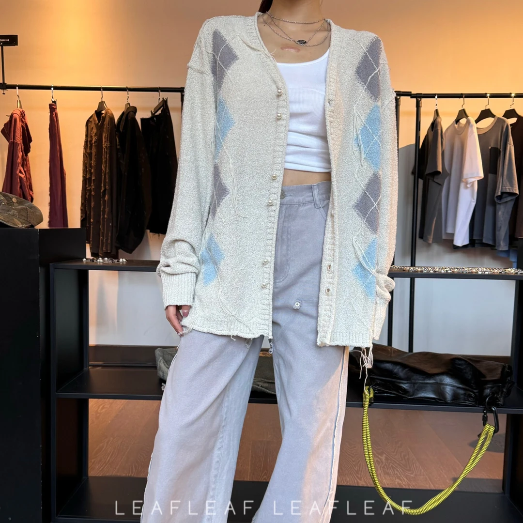 【五折专区】不退换 GOODBAI 菱形撞色提花毛边针织开衫LEAFLEAF