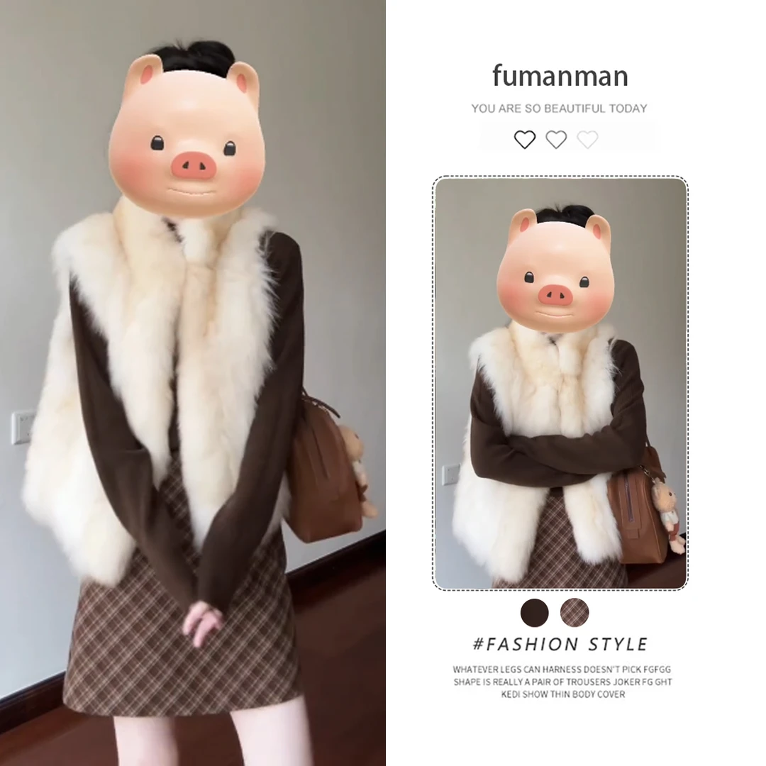 2025秋冬新款温柔风圆领无袖马甲外套百搭打底衫格子短裙三件套装