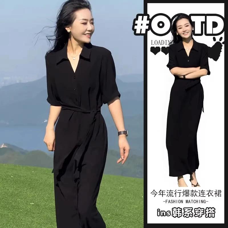 2025年夏季新款高冷御姐风连衣裙女高级感独特黑色收腰显瘦长裙潮