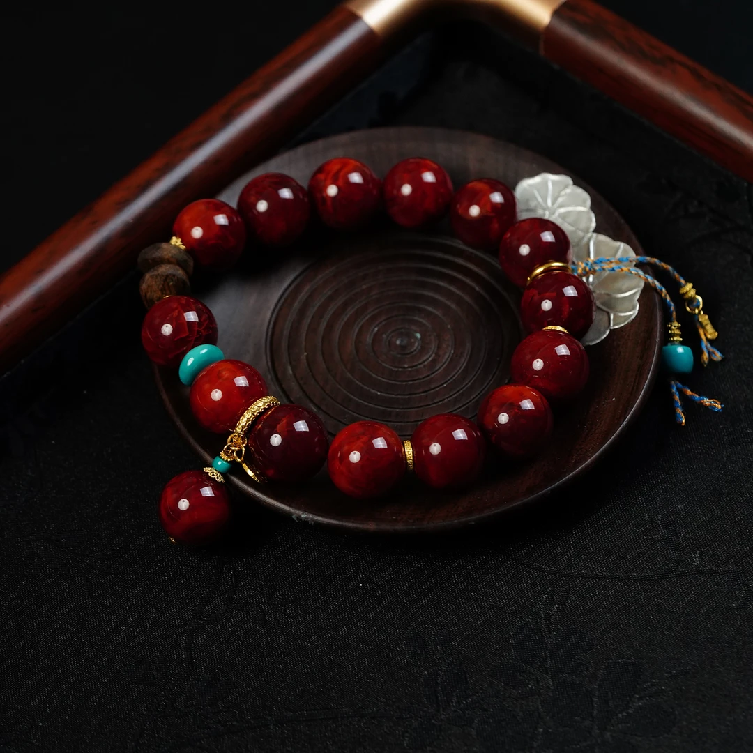 【凤鸣珠宝】天然南红原矿18K金镶嵌典藏级牛血红火焰纹手串 S-226