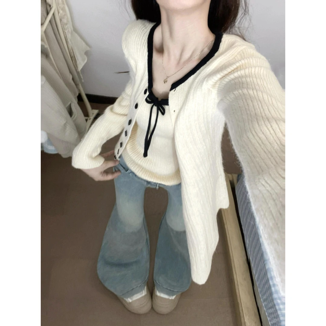 韩系针织开衫配吊带女早秋季新款软糯毛衣外套外搭上衣氛围感穿搭