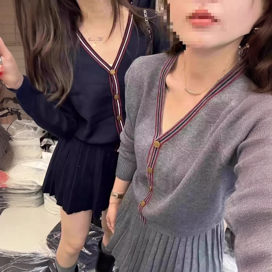 针织开衫女洋气休闲装学院风两件套毛衣外套百褶半身裙秋冬套装潮