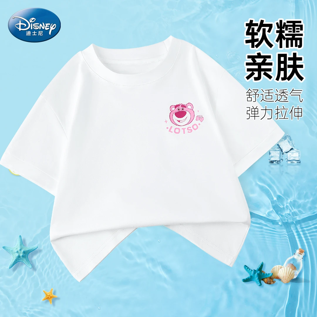 迪士尼夏季女童白色t恤草莓熊纯棉休闲亲肤圆领短袖中大童宽松