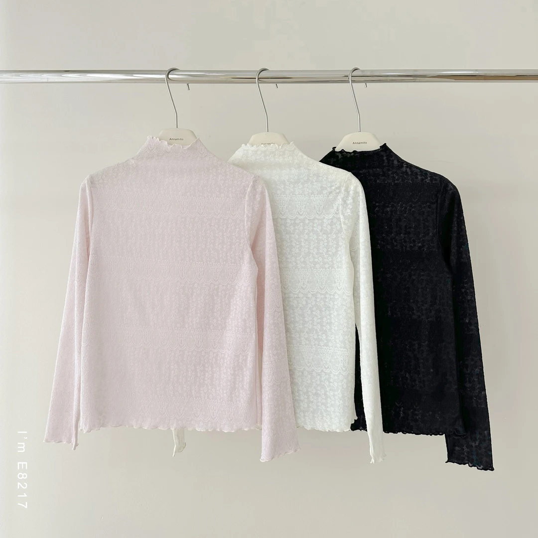 法式复古水溶蕾丝提花半高领长袖打底衫E8217