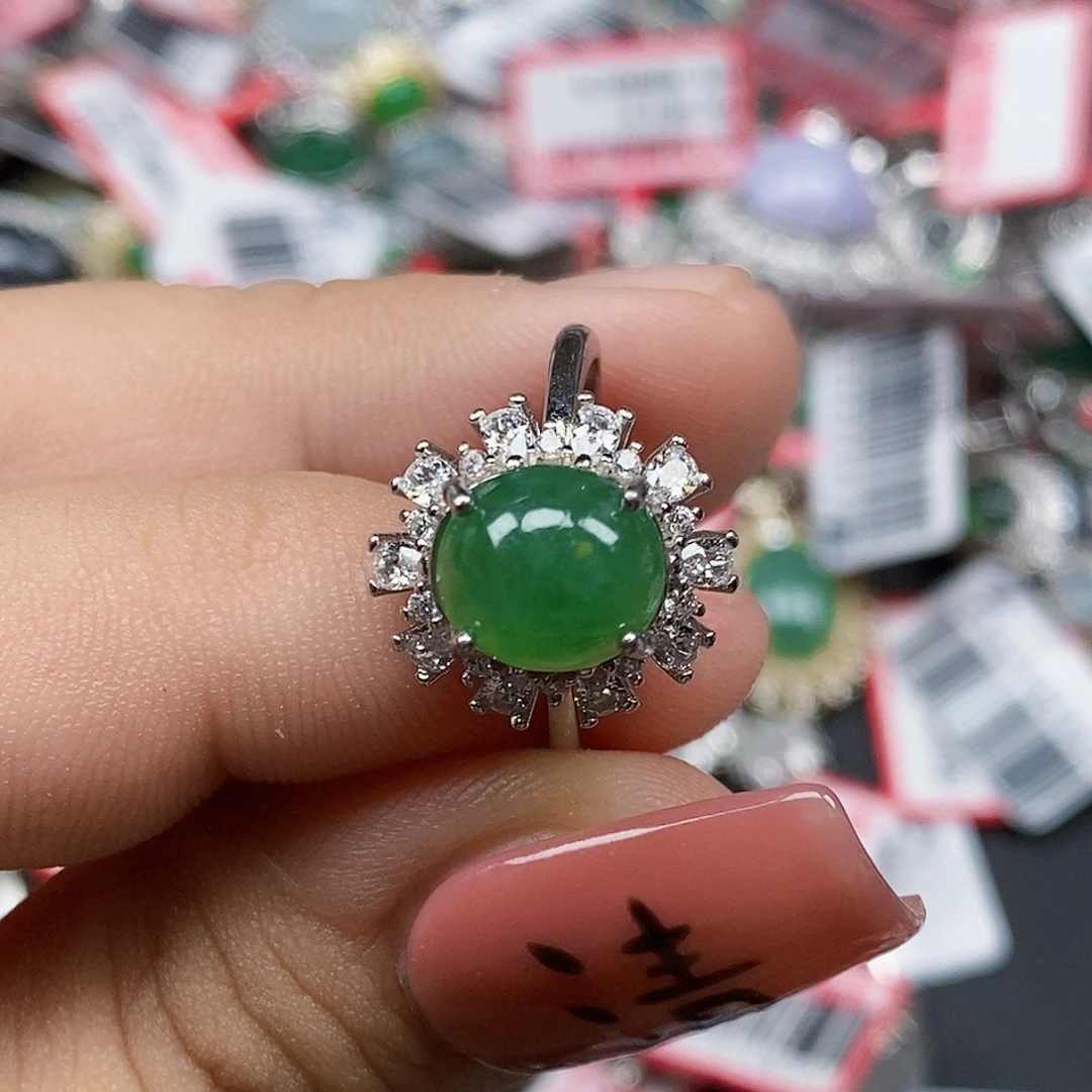 翡翠银S925镶嵌戒指天然A货缅甸翡翠