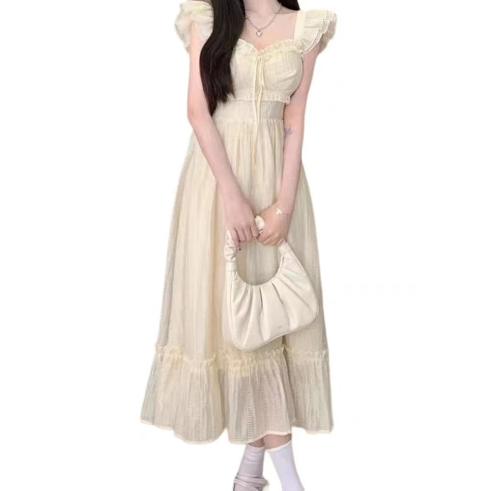 B白色小飞袖连衣裙子女夏季新款收腰显瘦法式气质初恋仙女长裙