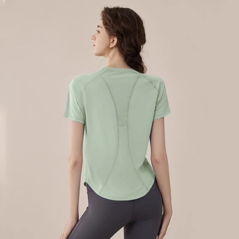 夏季宽松显瘦瑜伽服短袖专业健身房训练跑步速干衣透气运动上衣女