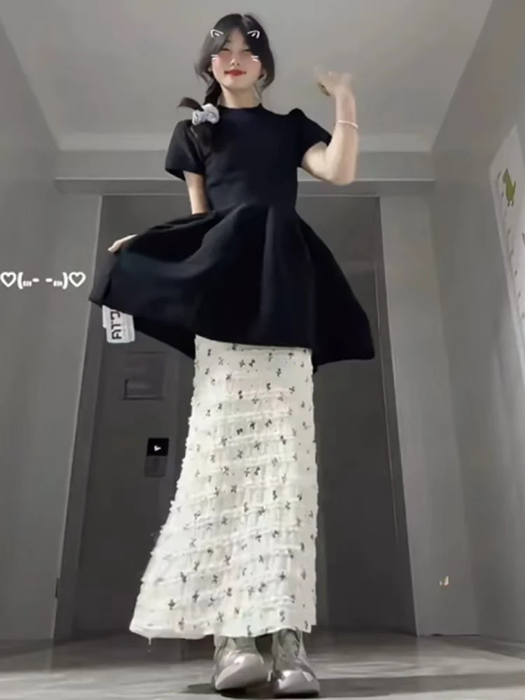 赫本风收腰短袖上衣短裙法式高级感显瘦搭配鱼尾a型半身裙