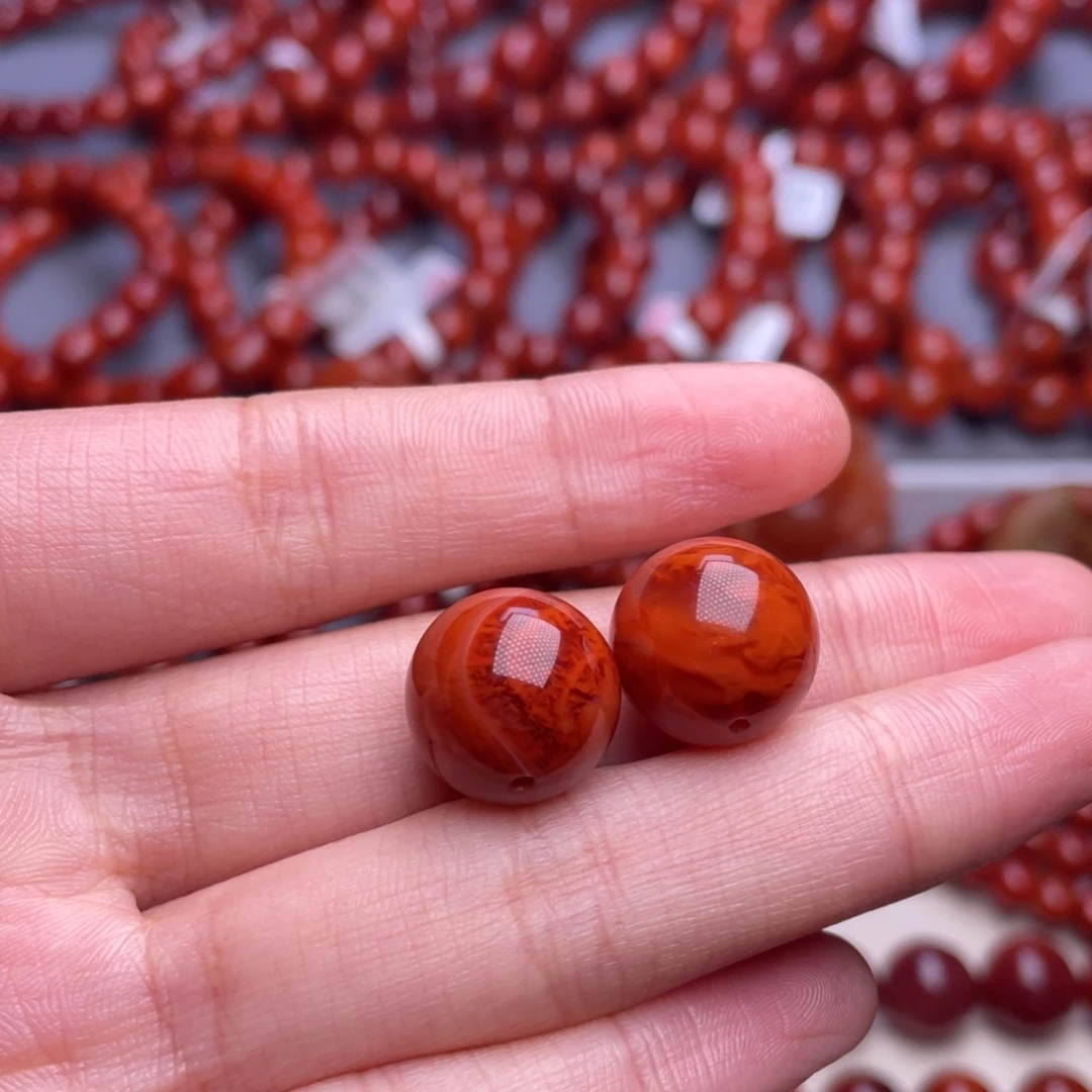 酷***噜南红玛瑙未镶嵌其他（原矿）一对14mm高品瓦西火焰纹圆珠