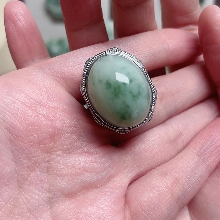 透闪石-蛇纹石玉戒指银S925镶嵌墨*