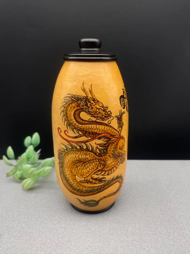茶空间葫芦茶叶罐纯手工烫画彩绘霸气盘龙茶具文玩手把件工艺摆件
