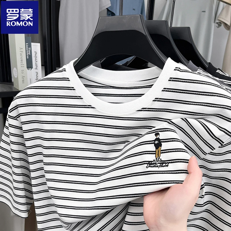 罗蒙男士2025夏季条纹短袖T恤中青年时尚刺绣圆领棉质半袖男上衣