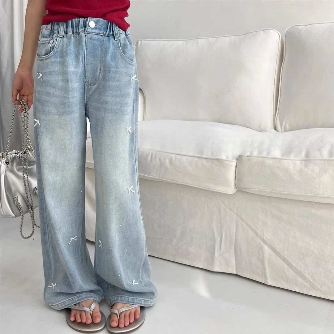 韩国童装女童2025春季浅色蝴蝶结烫钻直筒裤阔腿裤牛仔裤子柔软潮