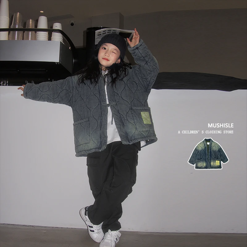 阿又冬季男童砂洗做旧绗棉加厚时尚休闲春冬外套83357D