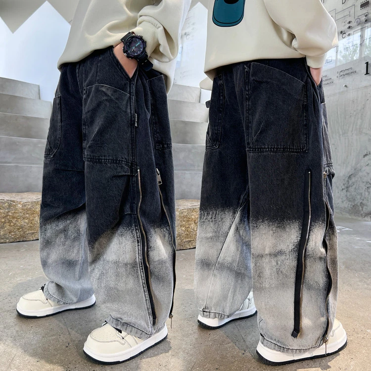 【秋款上新】儿童牛仔裤中大童渐变拼接时髦痞帅宽松男女童休闲裤子