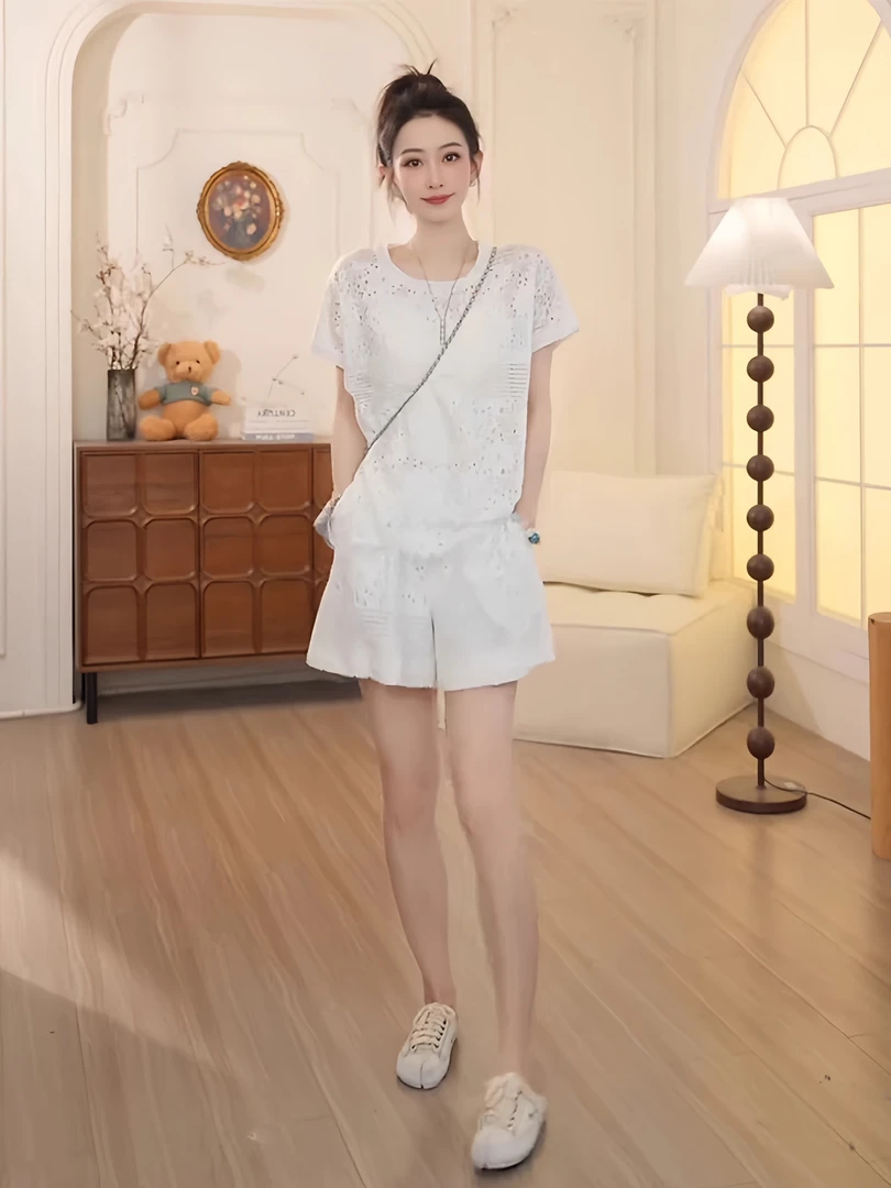 夏季爆款白色套装女2025新款韩风chic减龄运动休闲短裤短裤两件套