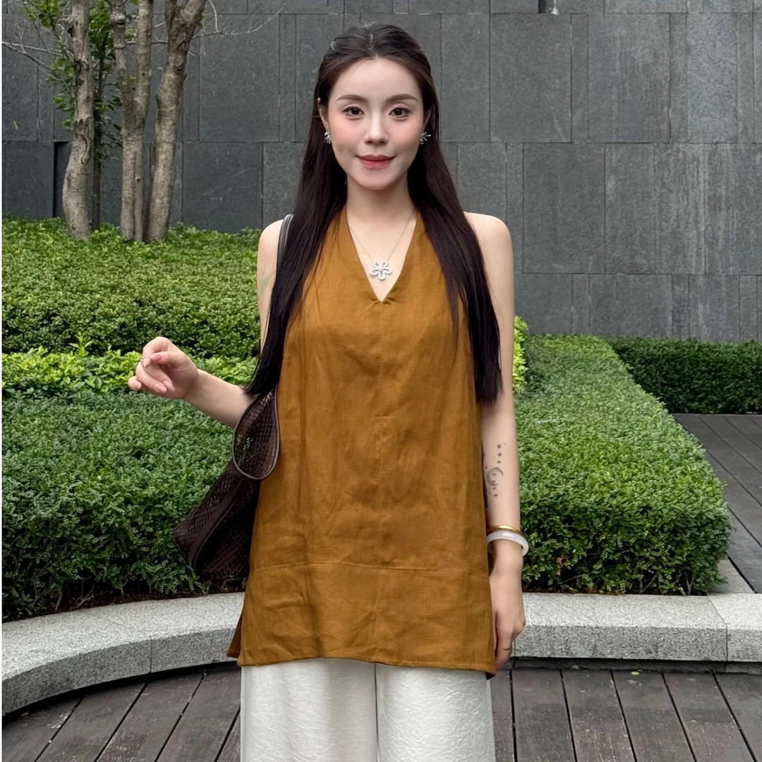 天丝亚麻2025高级简约亚麻V领无袖衬衫女透气宽松背心