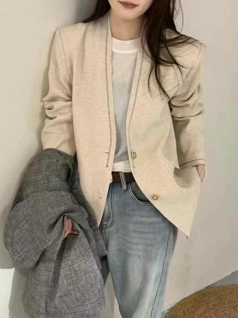 2025春季天丝亚麻原色V领西装外套