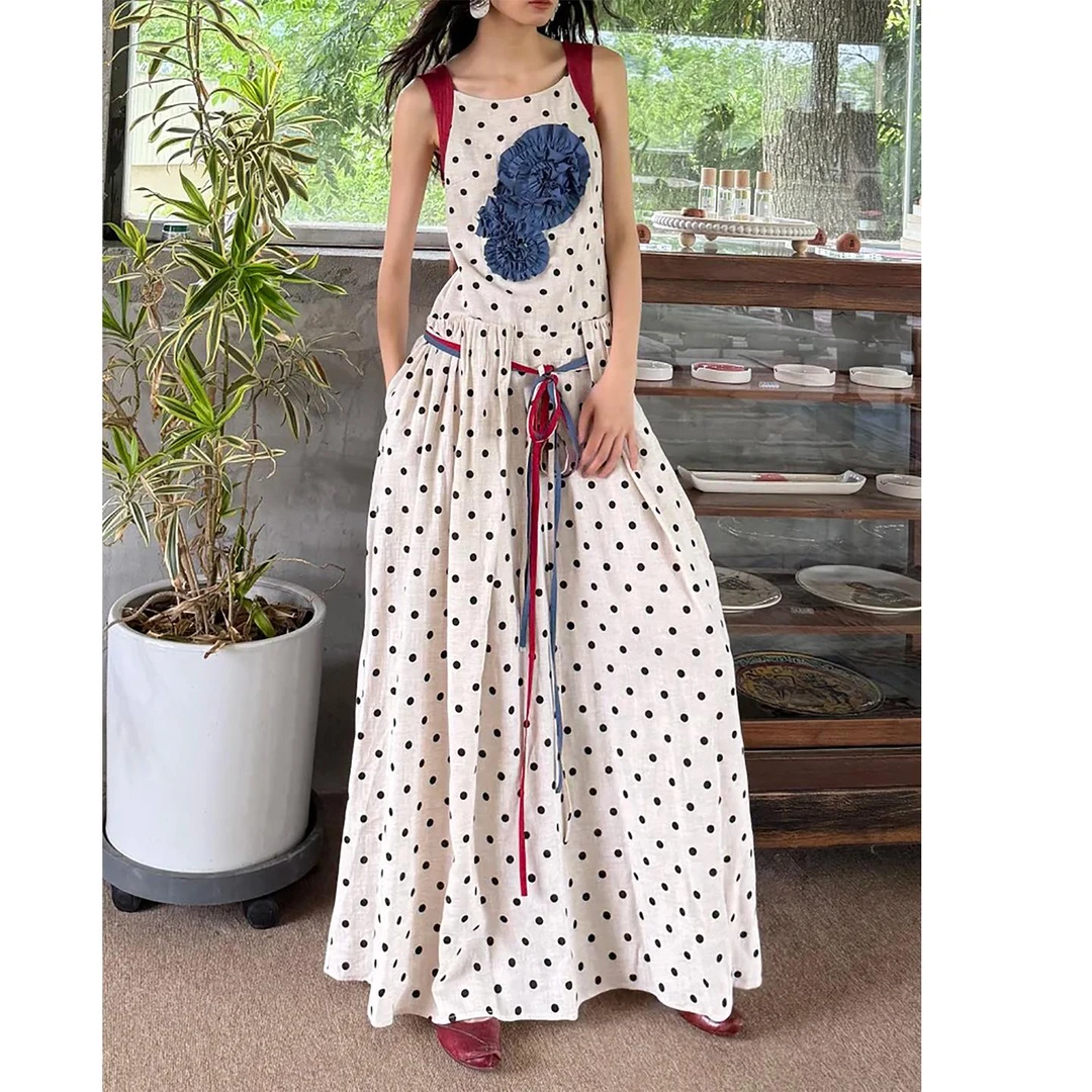 HAPIPP 波点立体盘花无袖背心连衣裙女夏季收腰显瘦度假风长裙子