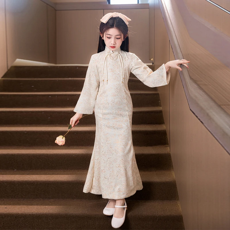 儿童礼服旗袍走秀中国风女蕾丝短袖鱼尾开衩学生演出中大童六一款