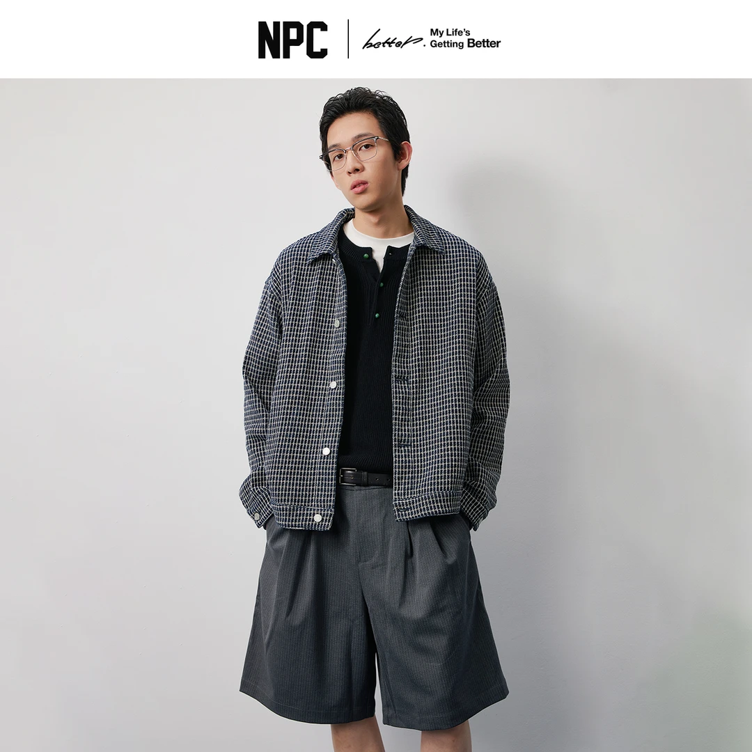 NPC潮牌定制【金属扣】黑白格纹翻领夹克男短款挺括秋季NP57TJ59