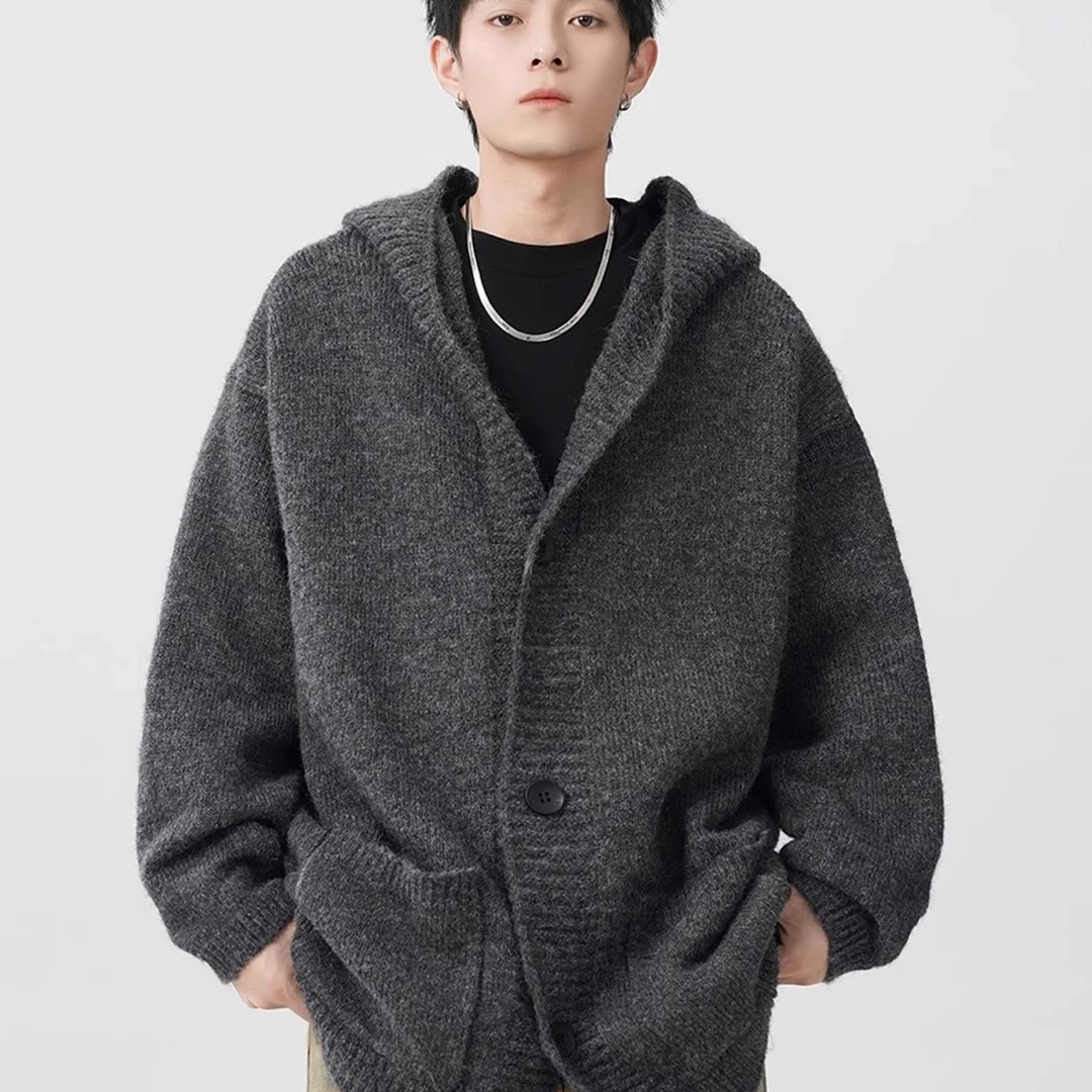 深灰色开衫连帽毛衣男女款2025秋冬季新款宽松休闲针织衫外套男装