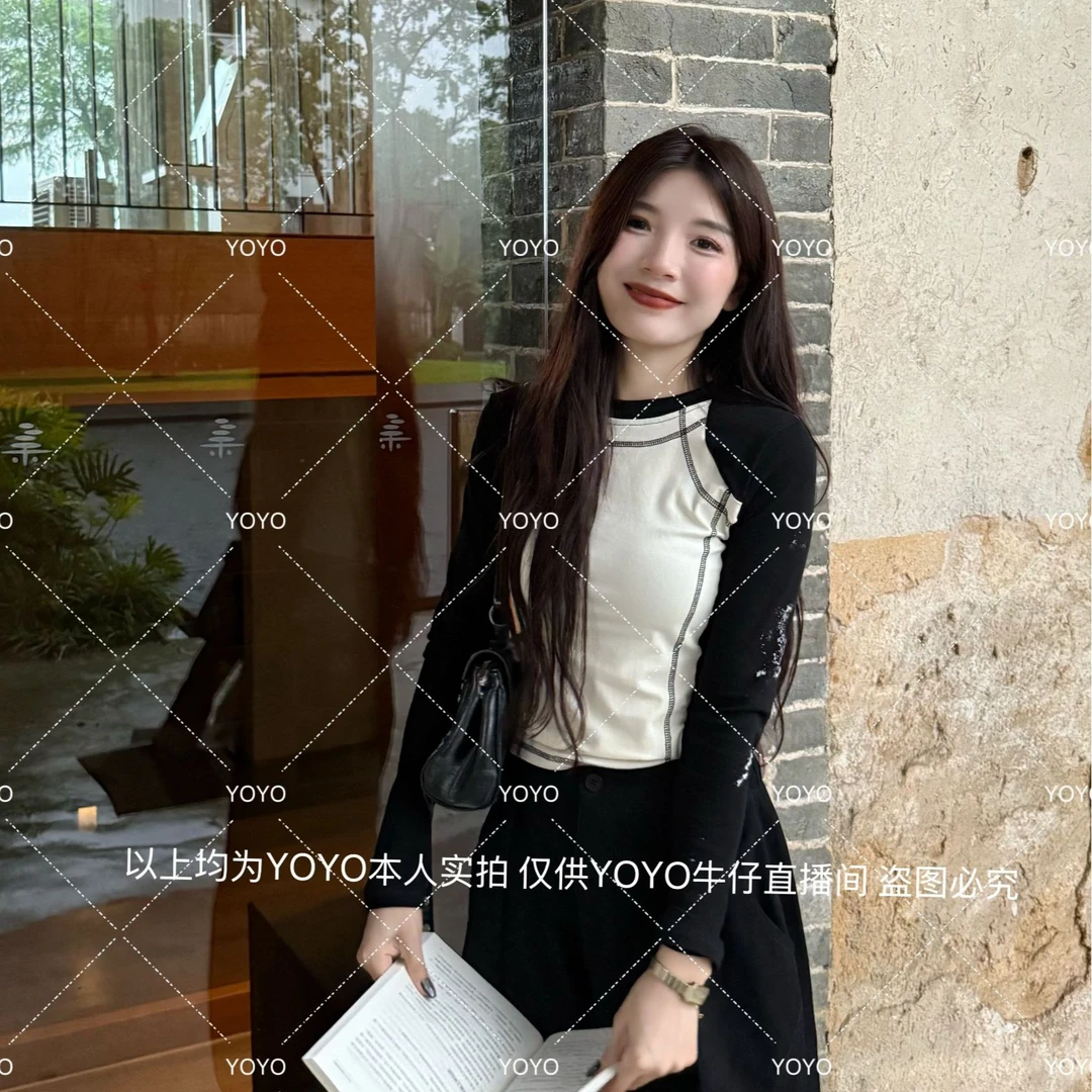 YOYO自制【黑白曲线】秋款新款拼色长袖T恤黑色气质百搭打底上衣