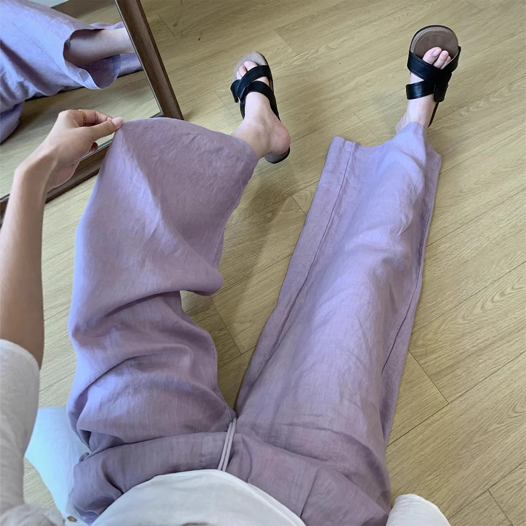 粉紫色棉麻阔腿裤女夏薄款胖妹妹mm宽松显瘦慵懒松弛感休闲亚麻裤