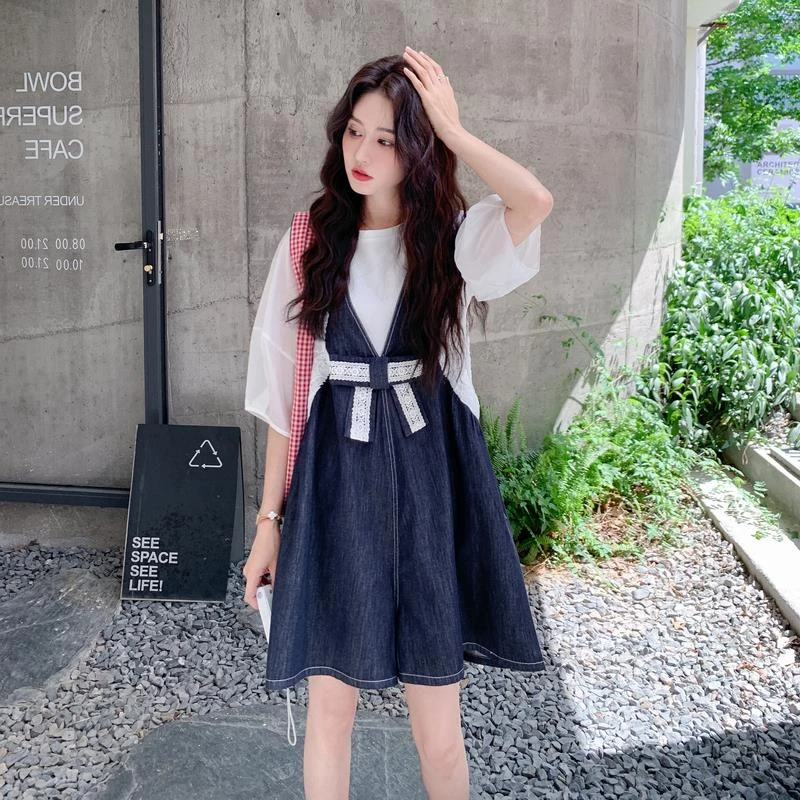 法式时尚气质百搭2025夏新款小个子白T恤牛仔蝴蝶结背带裙两件套