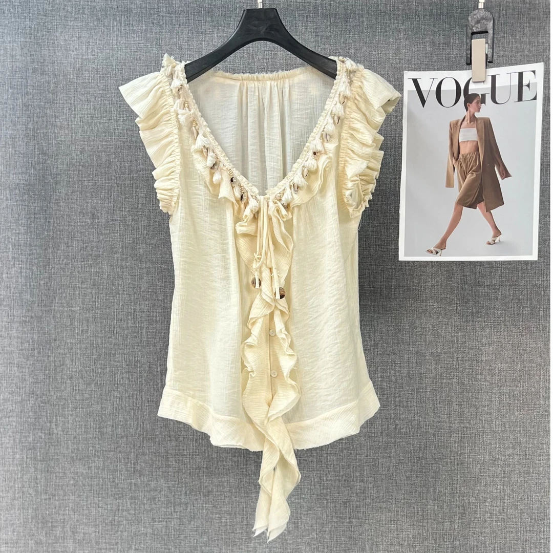 【南油香缇路耐家】贝壳流苏V领短袖（0007）