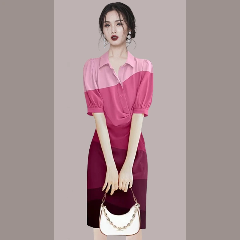 拼色POLO领气质收腰显瘦连衣裙女装2025新款夏季中长裙子