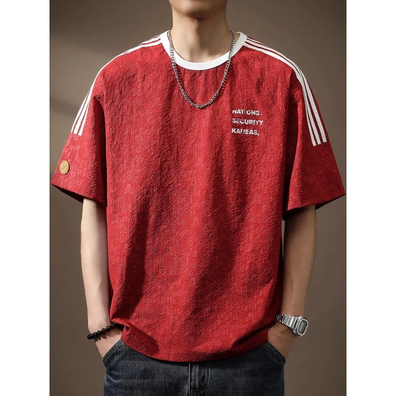 高端冰丝凉感速干泡泡纱日系休闲短袖t恤男宽松印花圆领夏季薄款