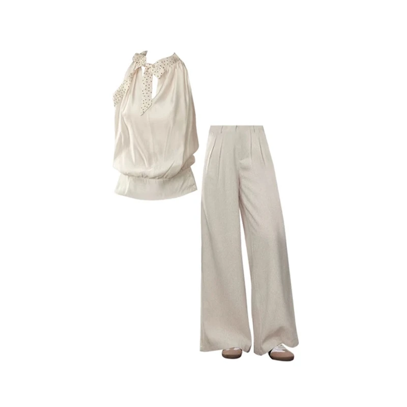 韩系纯欲性感设计感挂脖无袖露肩上衣女搭配直筒阔腿休闲裤两件套