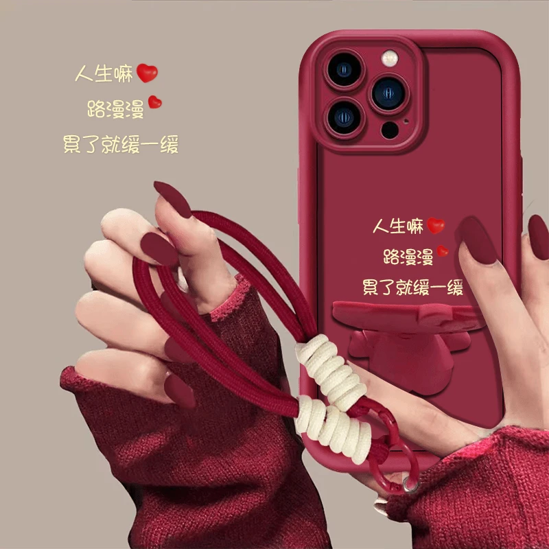 适用【苹果15promax】人生嘛新年猫咪补妆镜支架手机壳防摔网红女款