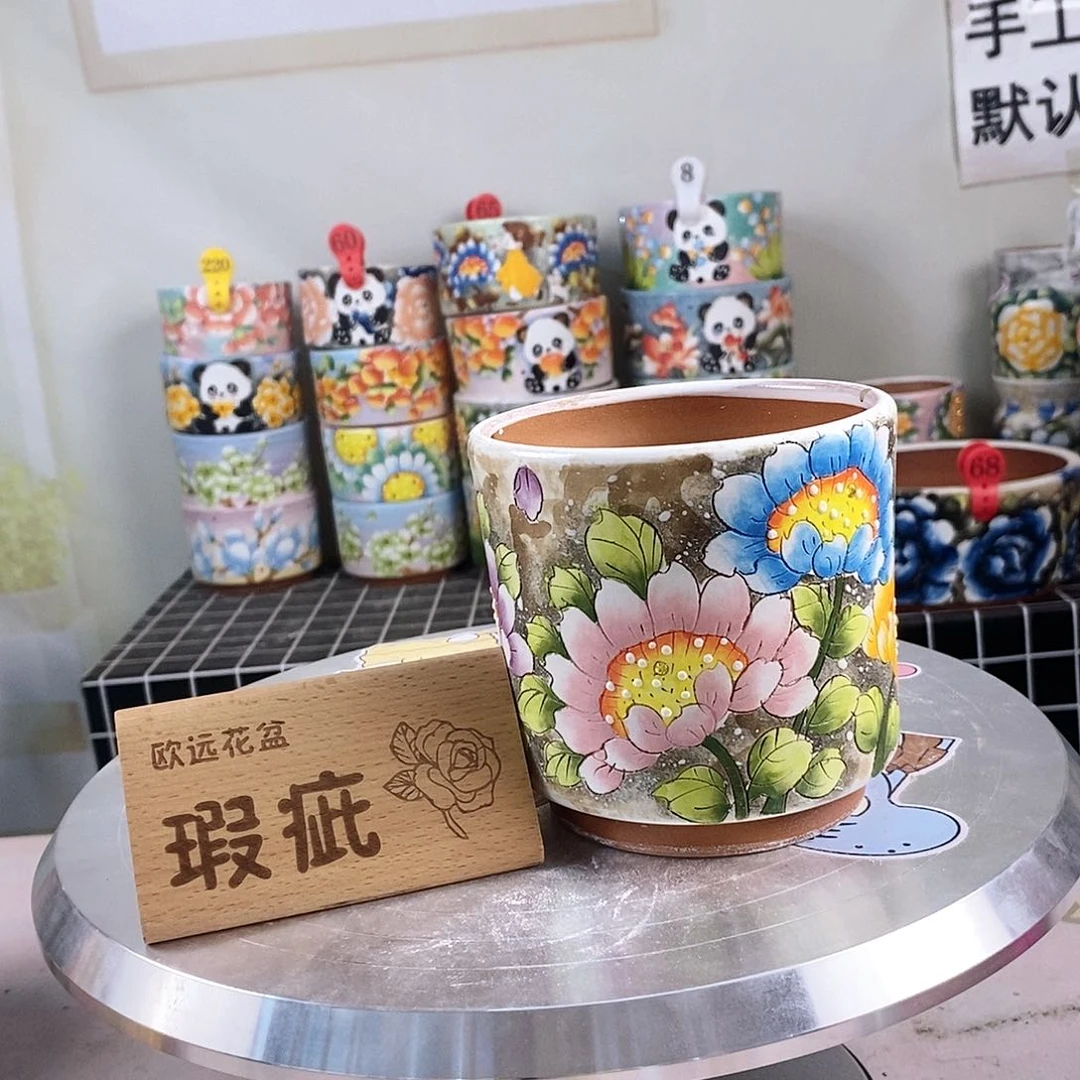 紫砂花盆红陶手绘花盆