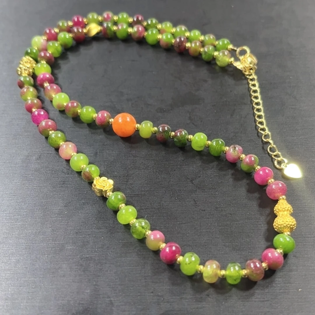 【闪购商品】琉璃配饰舒具石老油料36粉绿玉华丝绒透项链卡6+