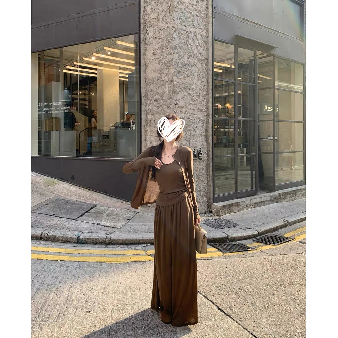 栗子秋日 百搭基础开衫背心半裙三件套#9301