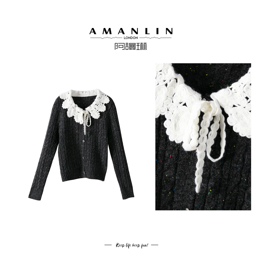 【AMANLIN】设计感花边气质时尚设计感小众细闪针织上衣F595207
