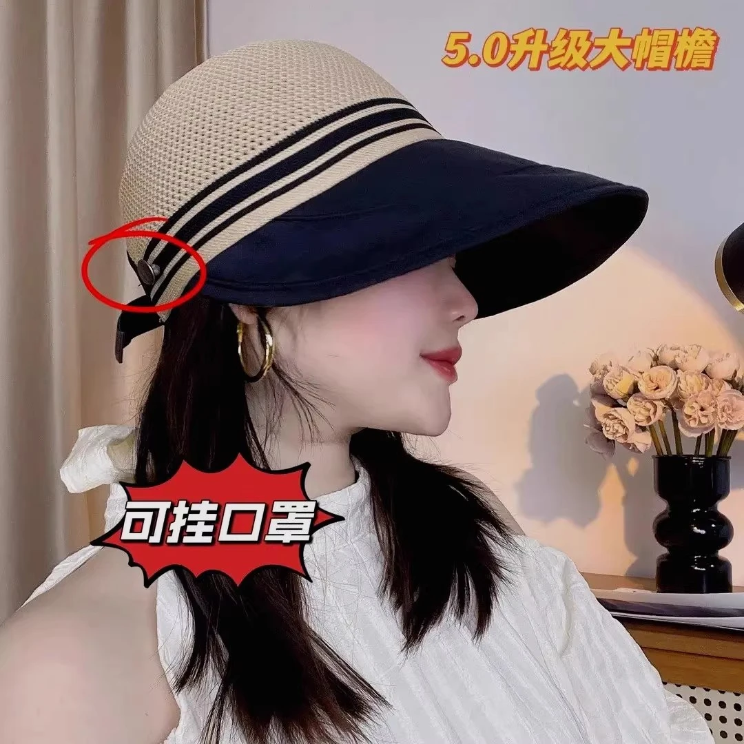大帽檐遮阳帽女春夏季网顶防晒漏马尾鸭舌帽户外旅游防紫外线帽子